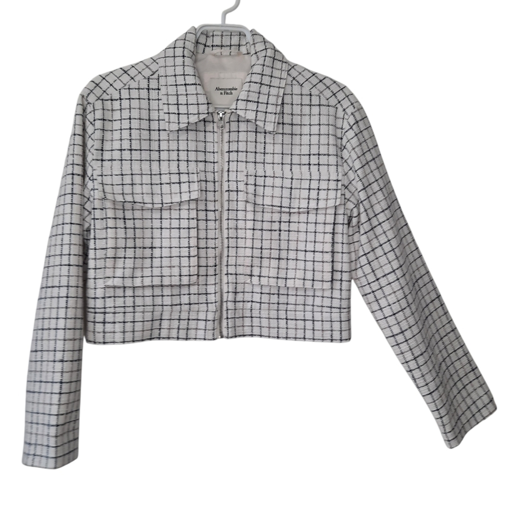 Abercrombie & Fitch Cropped Tweed Jacket Grid Pattern Womens Size Small Lined
